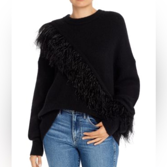 Cinq à Sept Black Sweater with Fringe Detail xs Merritt feather trim - Picture 1 of 13